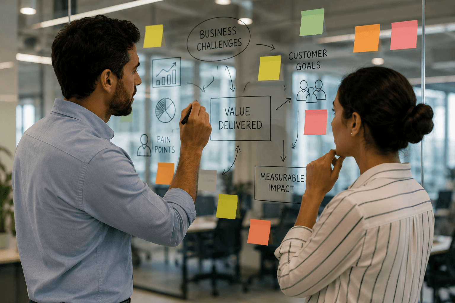 Sales professionals mapping value-based selling strategy on a glass board with customer goals, pain points, and measurable business impact.